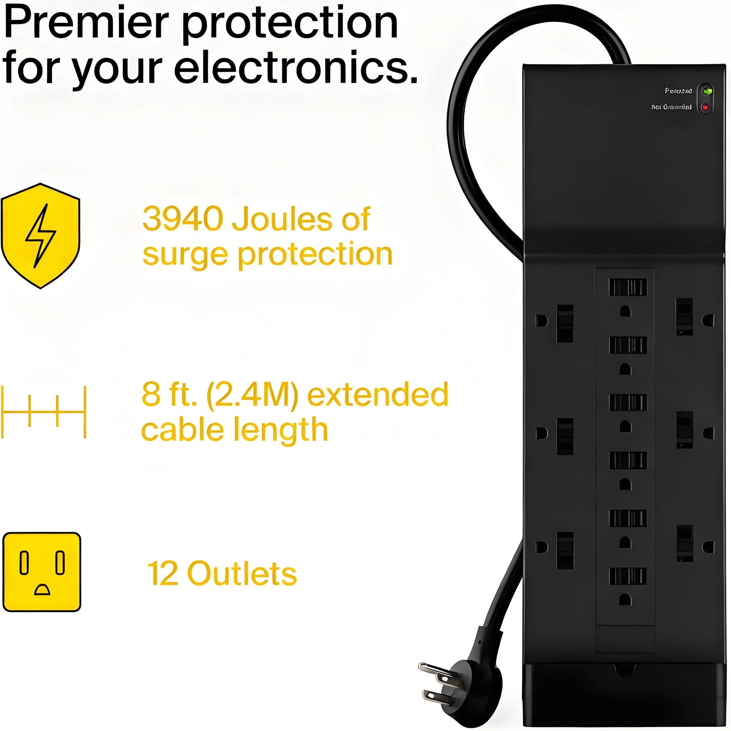 12-Outlet Surge Protector Power Strip with 3940 Joules, 8ft Extended Cable & Slim Profile for Home/Office