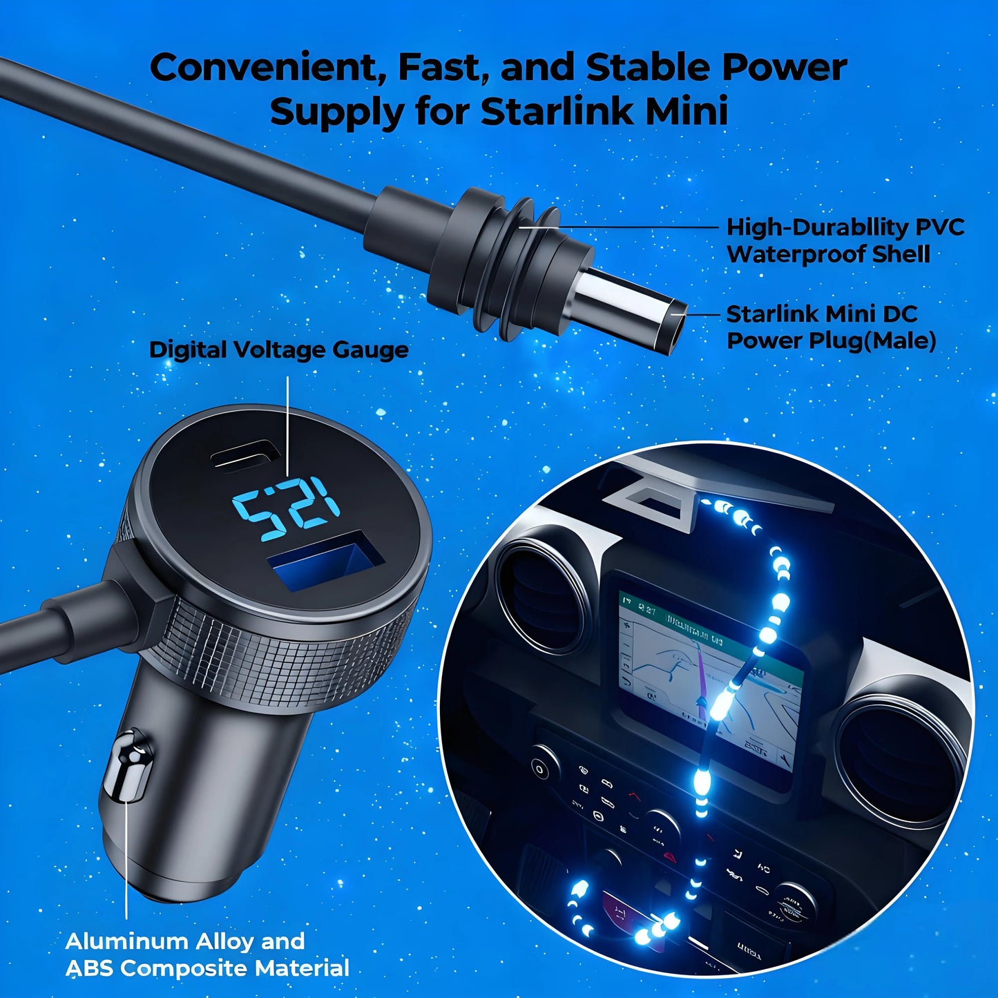 35W USB-C & 30W USB-A Car Charger with DC Power Cable for Starlink Mini, Waterproof & Durable Vehicle Charging Adapter