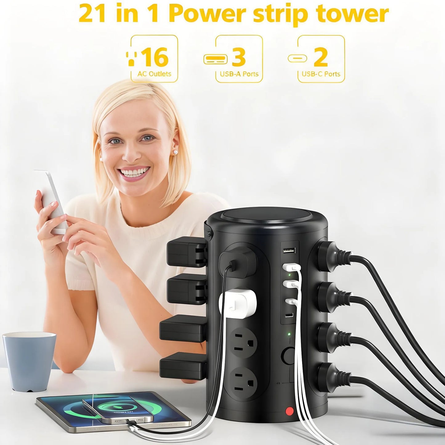 21-in-1 Power Strip Tower with USB Ports, Surge Protector Tower with 16 AC Outlets, 3 USB-A, 2 USB-C Ports for Home Office, Movie Room, Bedroom