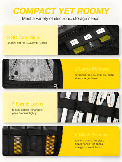 Electronics Organizer Bag, Compact Travel Cable Organizer with Multiple Compartments for Cables, Chargers, SD Cards, and Electronic Accessories