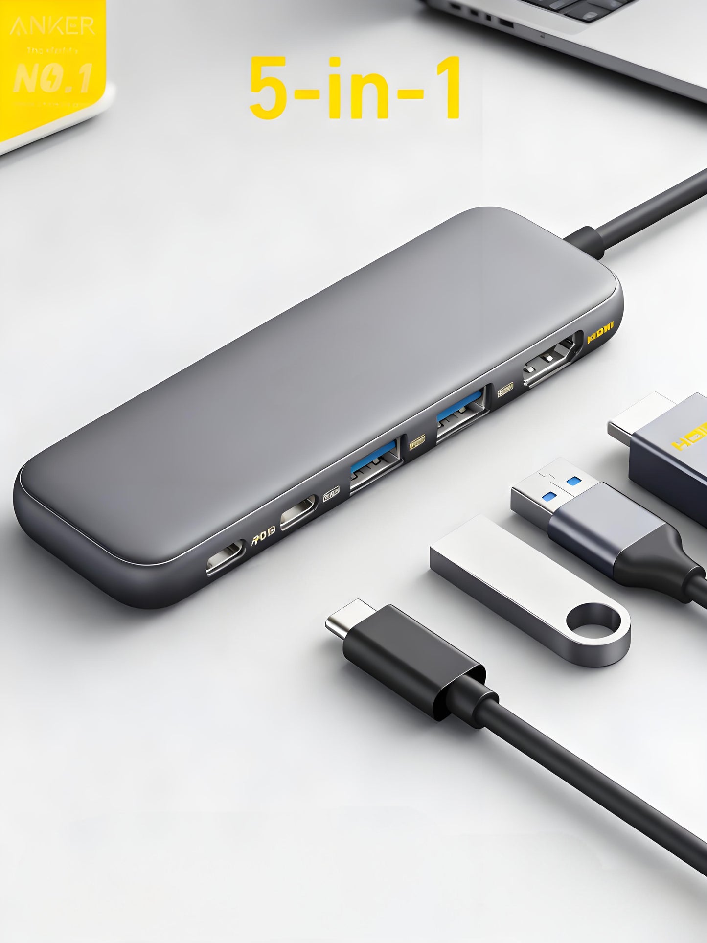 5-in-1 USB-C Hub with 4K HDMI, 85W Power Delivery, USB 3.0 Ports for Laptop & Devices