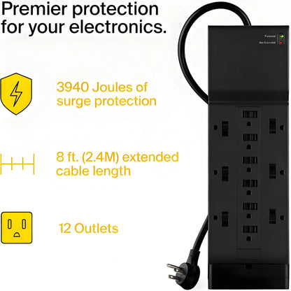 12-Outlet Surge Protector Power Strip with 3940 Joules, 8ft Extended Cable & Slim Profile for Home/Office