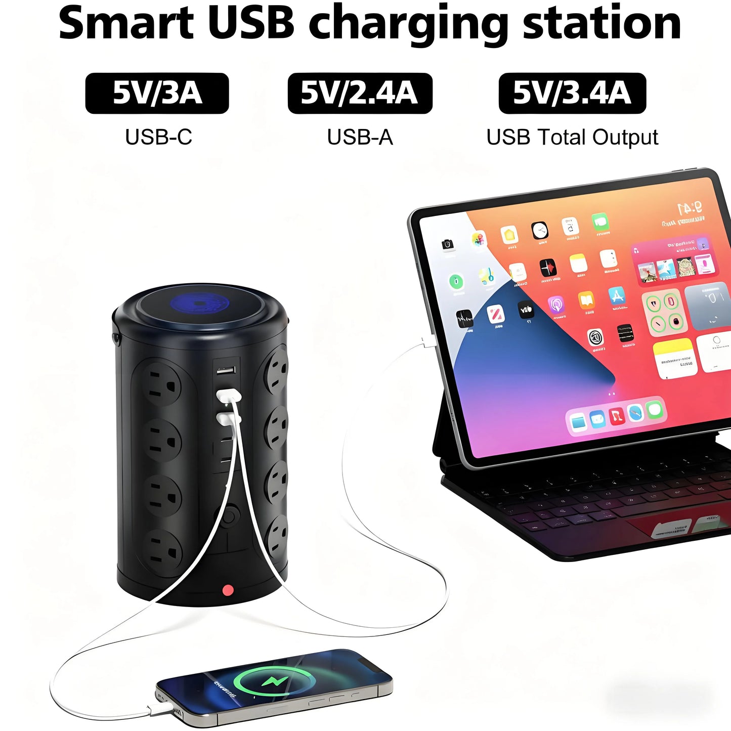 21-in-1 Power Strip Tower with USB Ports, Surge Protector Tower with 16 AC Outlets, 3 USB-A, 2 USB-C Ports for Home Office, Movie Room, Bedroom