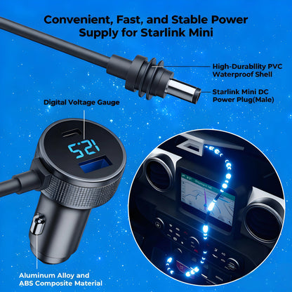 35W USB-C & 30W USB-A Car Charger with DC Power Cable for Starlink Mini, Waterproof & Durable Vehicle Charging Adapter